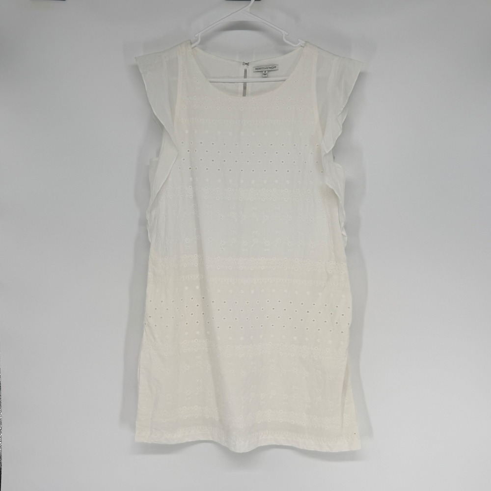 Rebecca Minkoff White Cotton Eyelet Ruffle‎ Flutter Sleeve Mini Dress Size 0